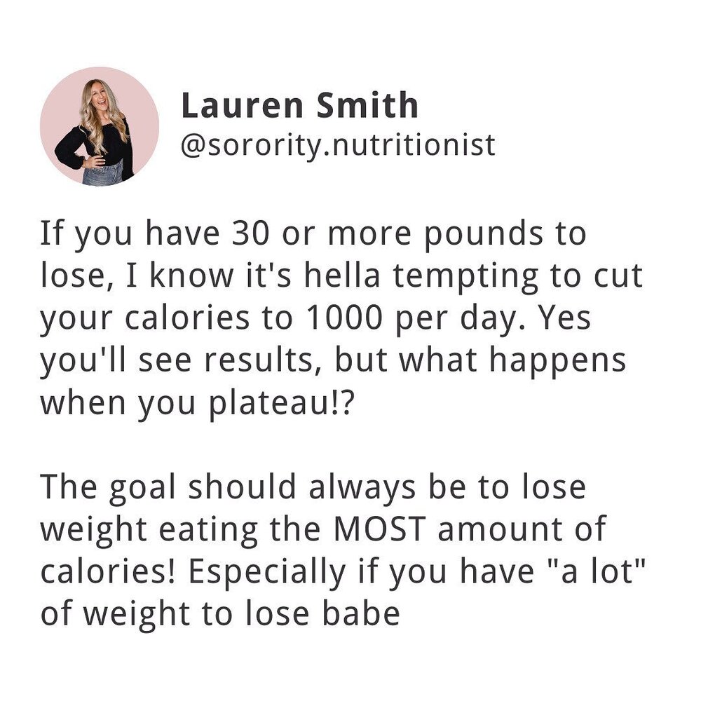 Double tap if you needed this reminder❤️
.
A week or so ago I shared a story how one of my fit babe clients👯&zwj;♀️ were blindsided by her personal trainer and told she needed to cut her calories lower than what we had set together😢 despite the fact this babe was losing weight🙊
.
And truth be told... we have another one of these situations!😭 Last week another fit babe in TSN Small Group Coaching showed up to our weekly group call💻 asking how she should politely tell this potential new trainer she was going to hire how she didn&rsquo;t need his diet advice because she&rsquo;s finally found what works for her🥺
.
All I gotta say is ugh!!!!!💔
.
When you&rsquo;re losing weight, remember that YES you can cut your calories wicked low😩 and see results, but that doesn&rsquo;t mean it&rsquo;s smart. You can eat more than 1000 calories and see results✔️as long as you eat less calories than what you BURN🔥
.
Many of my fit babe clients eat 1500-2000 calories and are seeing 1-2 pounds of weight loss per week🎉 following the proven TSN weight loss method
.
The goal should always be to lose weight eating the most amount of calories💁🏼&zwj;♀️ especially if you have over 20 pounds you want to lose!🔥 This will help you metabolism and prevent you from plateauing quicker
.
That&rsquo;s because if you plateau eating 1000 calories🤳🏼 after losing 10 pounds and have 20 to go... whatcha going to do!? Cut down to 500! Not with TSN🙏🏻💫
.
Click the link in bio👆🏼 to get on the waitlist for the new calorie tracking program that&rsquo;s launching in less than 3 weeks❤️
.
.
#1000calories #caloriecountingdiet #caloriedeficitdiet #countingcalories #caloriecontrolled #calorietracking #calorieburn #weeklyweightloss #caloriescounting #sororitynutritionist #gammaphi #caloriesmatter