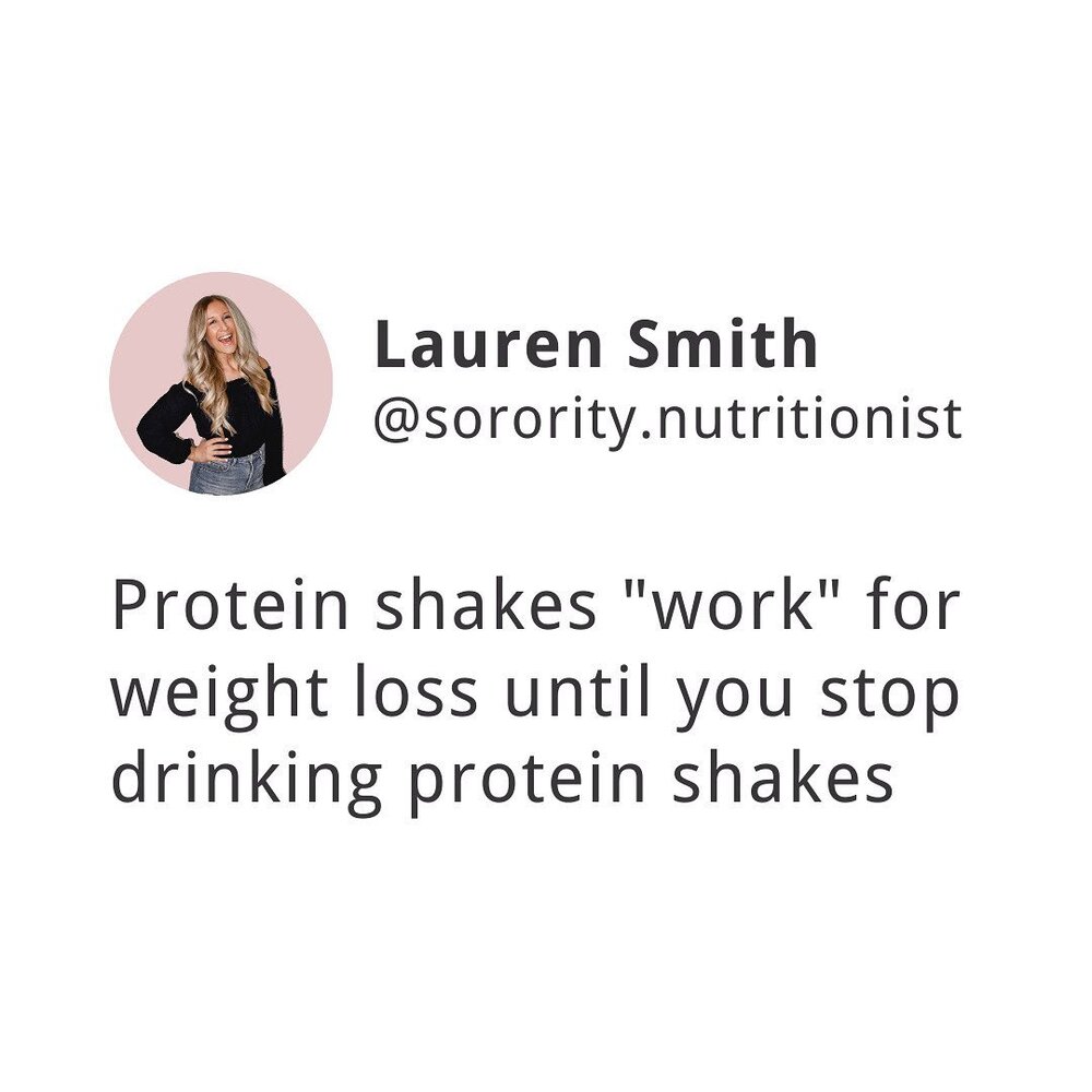 Hands up 🙌🏼if you agree! 
.
On Laurel's recent episode on @tsn.podcast 🎙 we talked about one of the diets she was on before finding TSN❤️and if you couldn't guess... it was a diet that made you buy their protein shakes and have a certain amount of meals as the shake😢
.
As we talked more about this, hell yes Laurel was amped AF🤩 when she lost weight but let's be real! When you stop drinking the shakes or you go out to dinner🍔  what the F are you going to do!?😩 This is what led to Laurel gaining all the 20 pounds she lost back, and then some💔
.
Not to be dramatic but this is literally why I created The Sorority Nutritionist💁🏼&zwj;♀️ Nothing against protein shakes, but that shouldn't be your strategy for weight loss LOL🙊 it should be doing what actually works which is eating the right calories🤳🏼 and portions of food🙏🏻
.
After being hella done with protein shakes, Laurel figured out her calorie range✔️ with my support in coaching and she learned how to eat out while traveling✈️ and living her best wine and cheese loving LIFE!🍷 She's down 20 pounds and no, she doesn't drink protein shakes anymore HA!🤪
.
If you're ready to lose weight🔥 now's the time to start calorie tracking instead of relying on special diet products! Link in bio👆🏼to get on the waitlist for my new calorie tracking program launching SO SOON!
.
.
#proteinshakes #shakeologyresults #lose10pounds #caloriecountingworks #caloriecounting #trackyourcalories #calorietracking #sororitynutritionist #deltagamma #kappaalphatheta #caloriedeficitdiet #countingcalories #caloriecounter