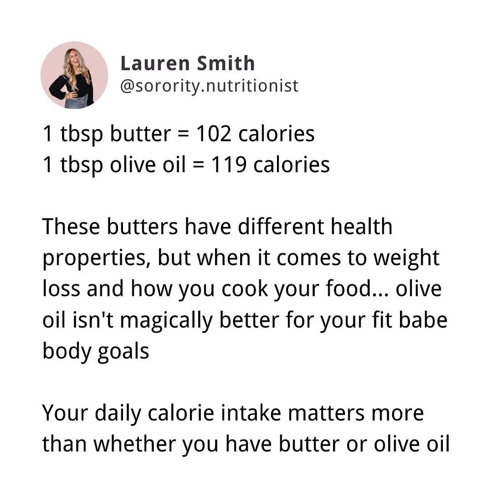Do you prefer butter or oil when you cook?😜
.
Real talk: Before y'all lose your $H!T of course olive oil is anti-inflammatory🔥 and has sooo many health benefits... but I have to be honest!👊🏼 Just because olive oil may be &quot;healthier&quot; doesn't mean butter is bad for you, makes you fat or has to be avoided to become a fit babe🙅🏼&zwj;♀️
.
At TSN, one of my favorite things to teach clients as part of my proven method🙏🏻 is learning WHAT is in your food so you can become confident about your food choices for LIFE!❤️
.
Truth is, 1 tbsp of butter versus 1 tbsp olive oil is pretty much the same amount of calories🤯 That means when it comes to weight loss, you can have BOTH of these foods without guilt and still achieve your goals!🙏🏻💫
.
For whatever reason, back in the day I would avoid butter like the PLAGUE👀 even though I freaking loved it. If shrimp was sauteed in butter you bet your ass I would say no even though it's so damn delicious😭 I had so many food rules that weren't helping my weight loss goals and caused me to feel restricted💔
.
Truth is, all foods can fit your weight loss goals when you learn their calorie content! I show my clients how to figure out their personalized weight loss calorie range🤳🏼 and then help them spend their &quot;calorie money&quot; on the foods they love! This makes weight loss easy and FUN
.
Want to learn how to eat your favorite FUN🎉 foods and lose your first 10 pounds by calorie tracking? Link in bio👆🏼to apply for TSN Small Group Coaching💫
.
.
#portioncontroldiet #portioncontrolled #portionsize #trackyourcalories #caloriedeficitdiet #caloriecountingdiet #caloriescount #caloricdeficit #caloriesincaloriesout #countingcalories #caloriecontrolled #caloriescounting #sororitynutritionist #gettoned #caloriesmatter #quickweightloss