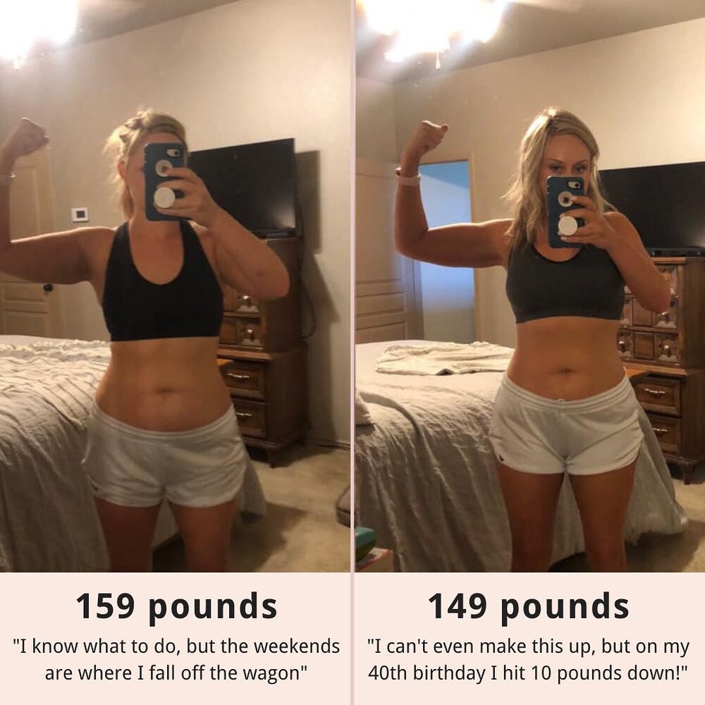 Hands up 🙌🏼 if you are ready to lose inches around your arms and waist!
.
👯&zwj;♀️Meet fit babe Michelle who officially hit 10 pounds down on the 40TH FREAKING BIRTHDAY!🎉
.
Michelle came to me crushing it during the week, tracking her calories, living an active lifestyle🔥 and working out at her home gym💦 She was doing an amazing job BUT the weight just couldn't come off because &quot;it's the freaking weekend baby and I'm having some fun!&quot;🎶
.
But really, the weekends were doing her dirty😩 and she would fall off the wagon. Spending time with her hubby and two children by the pool😍 and eating all the FUN🎉 foods I personally love like chips and queso... she would lose it making losing weight near to impossbile💔
.
We focused on getting her calories in check✔️ not just during the week, but finding ways to reduce the weekend overeating and balance out her favorite FUN food choices🤗
.
Literally couldn't believe it, but on Michelle's 40th birthday🎂 she joined the 10 pounds down club!!! These progress photos📸 show her hard work and the body transformation losing these 10 pounds was able to help her achieve💁🏼&zwj;♀️
.
If you're at your heaviest weight and feeling down😩 about how you even got to this place, take your first progress photo and begin counting your calories TODAY👯&zwj;♀️🎉
.
Need this accountability? Link in bio to apply for TSN Small Group Coaching💫
.
.
#10poundsdown #40andfabulous #transformationphoto #caloriescount #caloriesmatter #caloricdeficit #caloriecountingworks #caloriesincaloriesout #countingcalories #caloriecontrolled #caloriescounting #weeklyweightloss #sororitynutritionist #kappadelta #gammaphi #zetataualpha